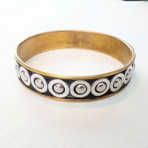 Vintage Two Tone Brass Bangle With Silver Circle Design